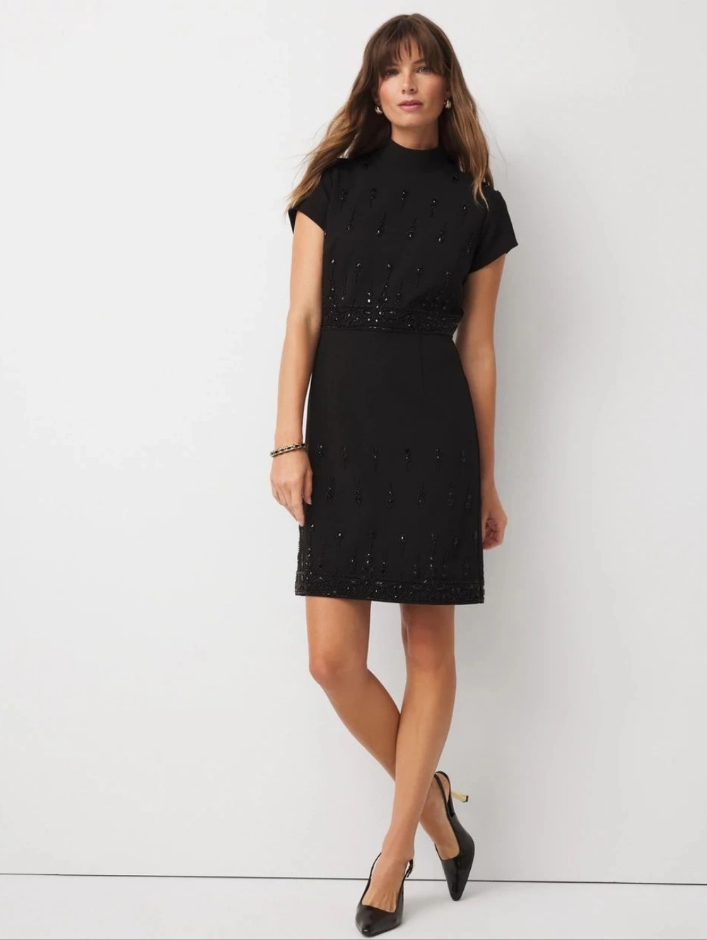 NWT White House Black Market Size 10 Mockneck Embellished Black Crepe Dress